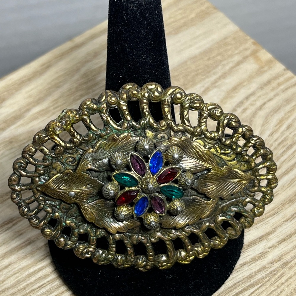 Vintage Florenza Style Rhinestone Floral Brooch Filigree Statement Pin - Picture 10 of 12